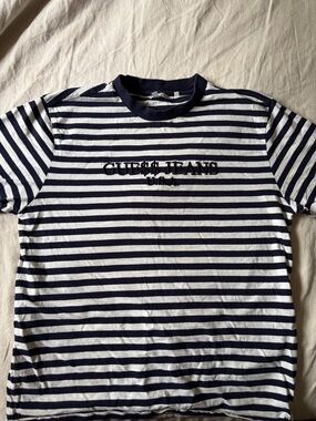 Guess Navy and White Striped Crewneck Tee with Embroidered Logo